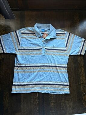 OP Vintage Light Blue Striped Polo with Navy and Tan Accents